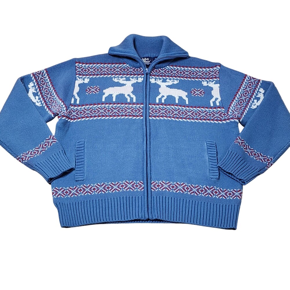 John Blair Sweater Mens Medium Blue Fair Isle Reindeer Mock Neck Full Zip Knit